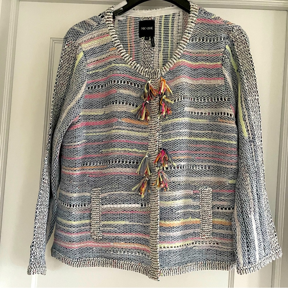 Nic + Zoe Womens Taffy Blue Cardigan Tassels Snap Jacket Blazer XL